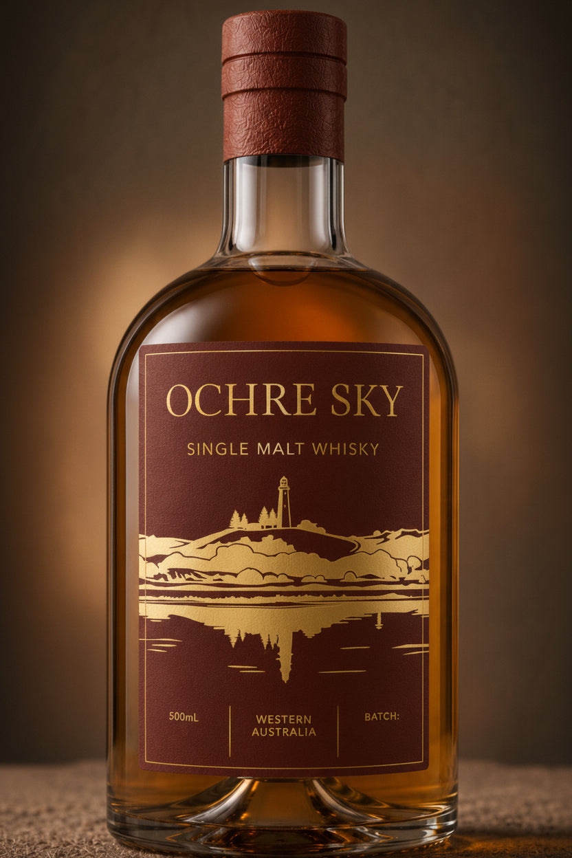 A bottle of Ochre Sky Single Malt Whisky, its maroon and gold label showing a lighthouse above the coastline